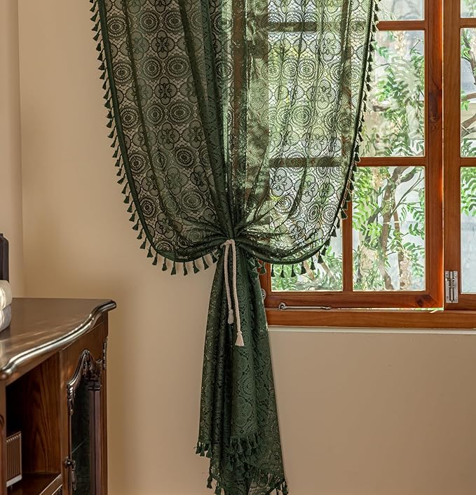 YJ YANJUN Lace Bohemian Curtains Boho Green Sheer Curtains 96 inches Long 2 Panels Old Fashion Crocheted for Living Room Spring Tassels Curtains Light Filtering Farmhouse Drapes 59" W x 96" L