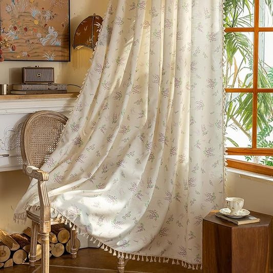 OYX Purple Boho Floral Curtains 96 Inch Length 2 Panels for Living Room, Bedroom Light Filtering Drapes, Farmhouse Country French Rustic Tassels Patterned Rod Pocket Aesthetic Decor Window Treatments