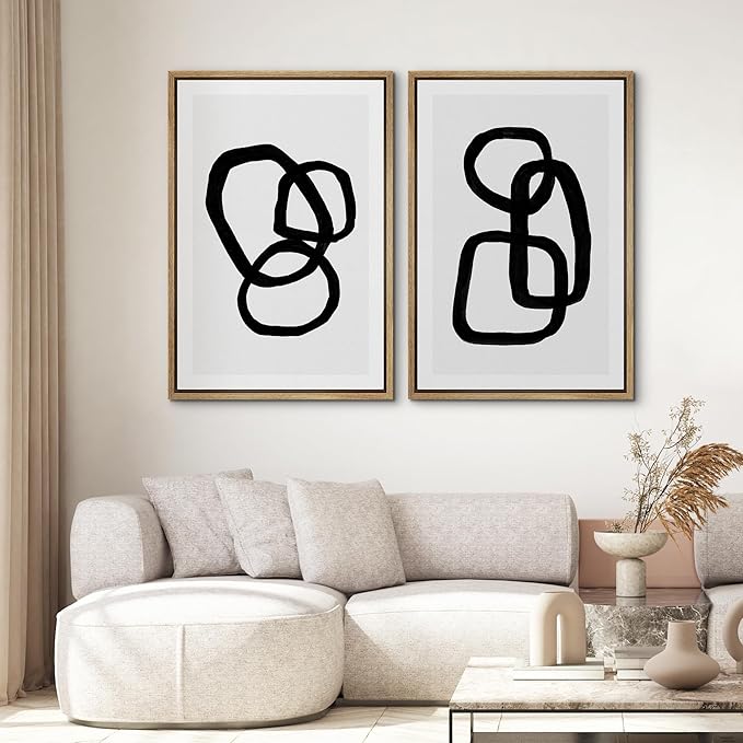 SIGNWIN Framed Canvas Print Wall Art Set Mid-Century Geometric Ring Collage Abstract Shapes Illustrations Modern Art Minimal Boho Relax/Calm for Living Room, Bedroom, Office - 24"x36"x2 Natural