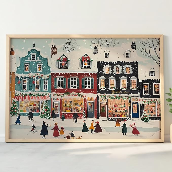 OZCONO Retro Snowy Town Christmas Art, Winter Farmhouse Holiday Decor, Vintage Village Seasonal Accent, Xmas Print, Cozy December Scene for Festive Home Styling (Unframed) (20x30)