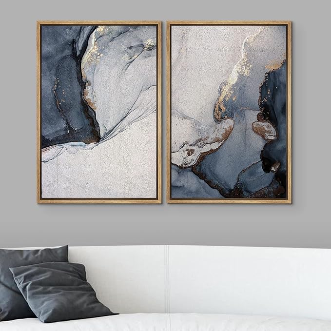 SIGNWIN Framed Canvas Print Wall Art Set Pastel Watercolor Blue Smoke Waves Abstract Shapes Illustration Modern Art Minimalism Decorative Nordic for Living Room, Bedroom, Office - 24"x36"x2 Natural