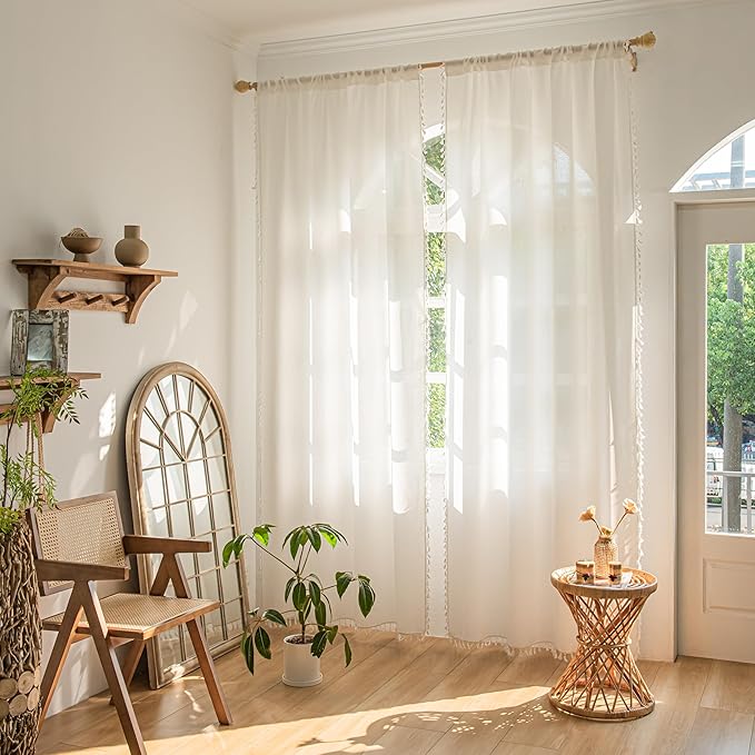 Sutuo Home Boho Curtains 96 Inches Long, Bohemian Linen Style Textured Curtains with Tassels for Bedroom, Semi Blackout Farmhouse Drapes, Rod Pocket Window Treatments 2 Panels, 52" x 96", White