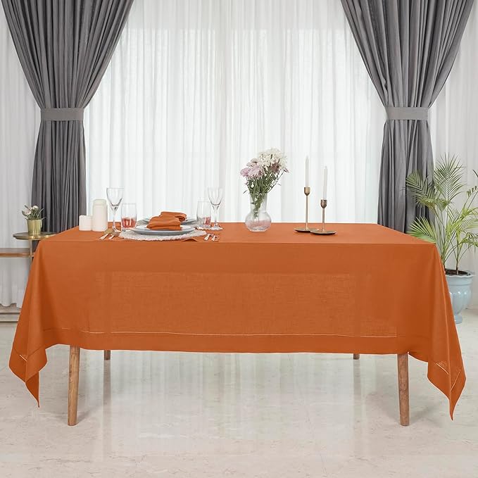 D'Moksha Homes Rust Linen Tablecloth 60 x 156 Inch - 100% Pure Linen Rust Tablecloth for Rectangle Tables - Classic Hemstitch, Machine Washable Table Cloth for Fall, Thanksgiving, Holiday