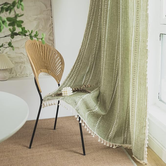 Sutuo Home Boho Curtain for Bedroom Living Room Nursery, Semi-Blackout French Country Farmhouse Vintage Linen Shabby Chic Tassels Hollow Window Treatment Bohemian Drape, 1 Panel 52" W x 72" L, Green