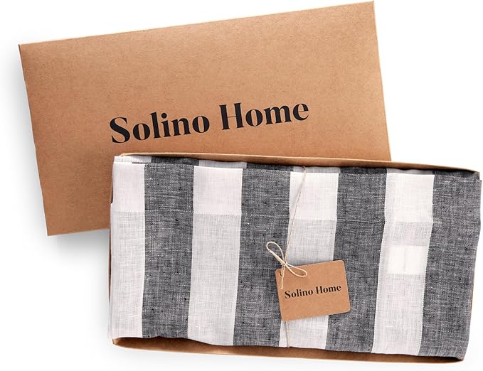 Solino Home Linen Tablecloth 60 x 90 Inch - Cabana Stripe 100% Pure Linen Black and White Table Cloth for Rectangle Tables - Machine Washable Tablecloth for Fall, Thanksgiving, Holiday