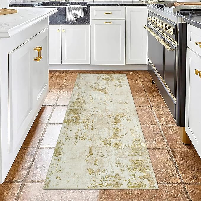 Modern Abstract Runner Rug 2x5 Washable Non Slip Stain Resistant Rug for Bedroom Living Room Non Shedding Low Pile Indoor Floor Cover,Golden Grey