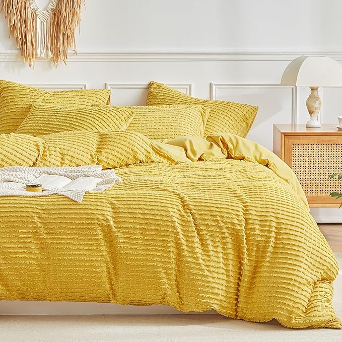 WARMDERN Boho Duvet Cover Set Queen Size,Yellow Striped Duvet Cover Microfiber Bedding Set,3PCS Ultra Soft Breathable Lightweight Tuft Texture Pattern Duvet Covers with Zipper Closure(Yellow,Queen)