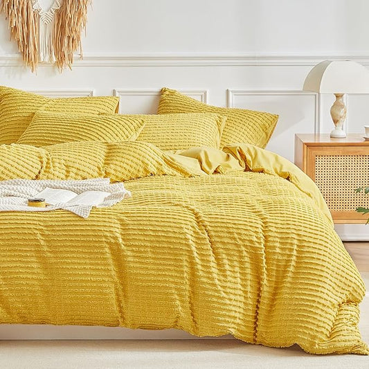 WARMDERN Boho Duvet Cover Set Queen Size,Yellow Striped Duvet Cover Microfiber Bedding Set,3PCS Ultra Soft Breathable Lightweight Tuft Texture Pattern Duvet Covers with Zipper Closure(Yellow,Queen)