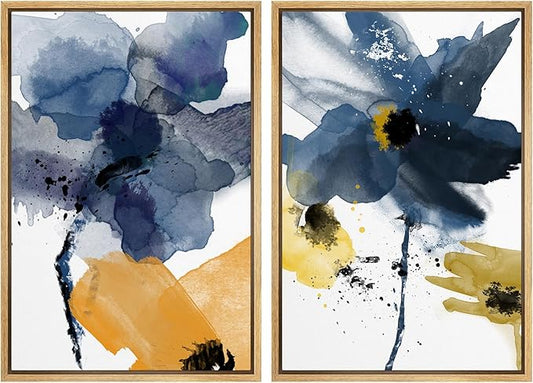SIGNWIN Framed Wall Art Print Set Watercolor Splash Blue & Yellow Daisies Floral Botanical Illustrations Modern Art Chic Colorful Relax for Living Room, Bedroom, Office - 16"x24"x2 Natural