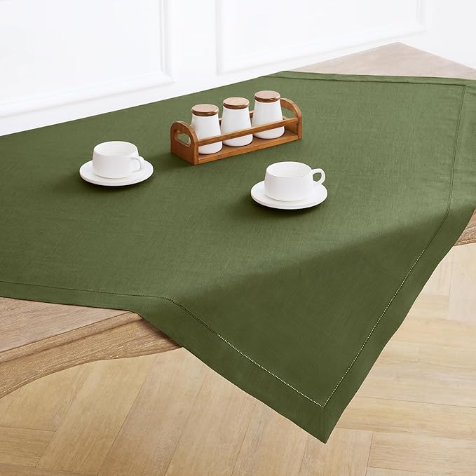 Solino Home Linen Tablecloth 52 x 52 Inch - 100% Pure Linen Olive Square Tablecloth - Classic Hemstitch, Machine Washable Table Throw for Fall, Autumn, Thanksgiving