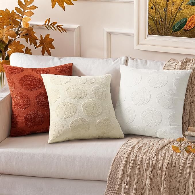 decorUhome Decorative Beige Pumpkin Thanksgiving Throw Pillow Covers 12x20 Set of 2, Soft Chenille Jacquard Farmhouse Textured Pillow Covers for Couch Bed Sofa Autumn Harvest Halloween Holiday