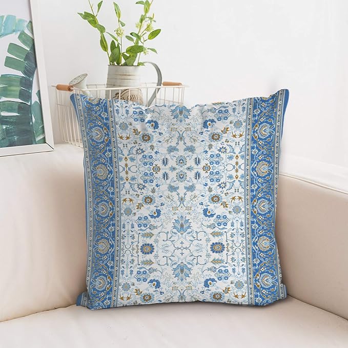 Boho Floral Throw Pillow Covers 18x18 inch Set of 2,Blue Boho Rug Geometric Floral Pattern Decor Double Sided Pattern Cushion Cover Soft Pillow Case Living Sofa Room Bed Square Pillow Cover