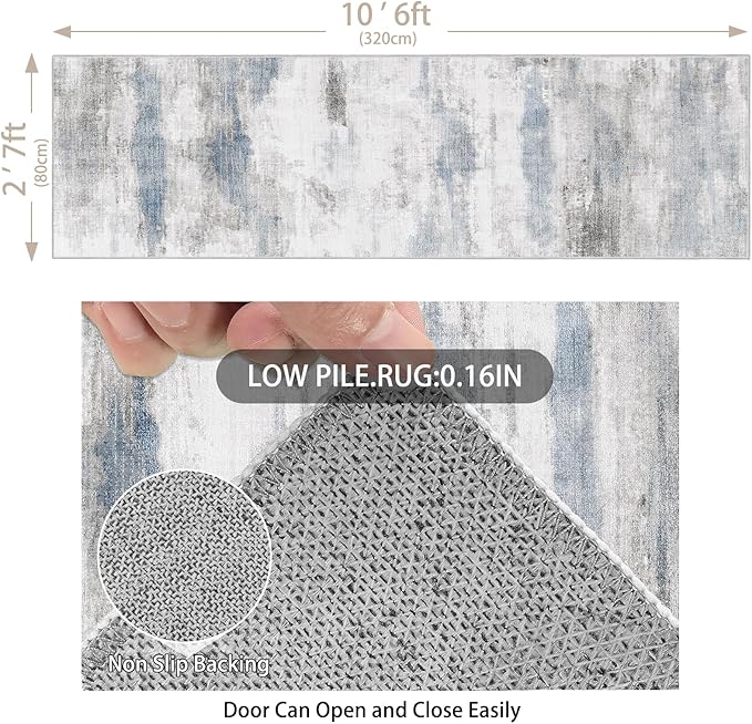 Enkor Runner Rugs for Hallway, 2'7"x10'6" Washable Soft Non Slip Abstract Rugs for Kitchen, Modern Mat for Entryway Living Room Bedroom Blue & Grey