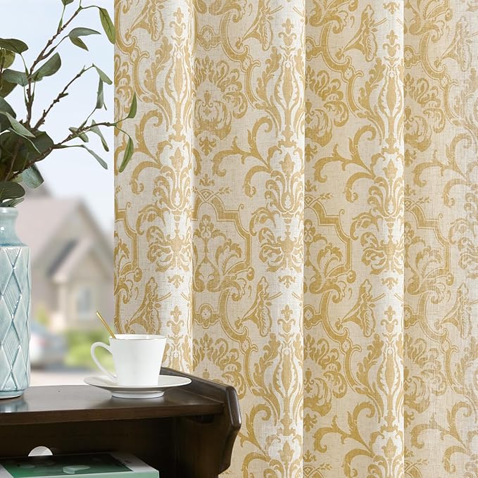 jinchan Light Filtering Curtains, 90 Inch Length 2 Panels Set, Linen Blend Drapes for Bedroom, Vintage Damask Patterned Curtains, Grommet Top Mustard Yellow on Flax