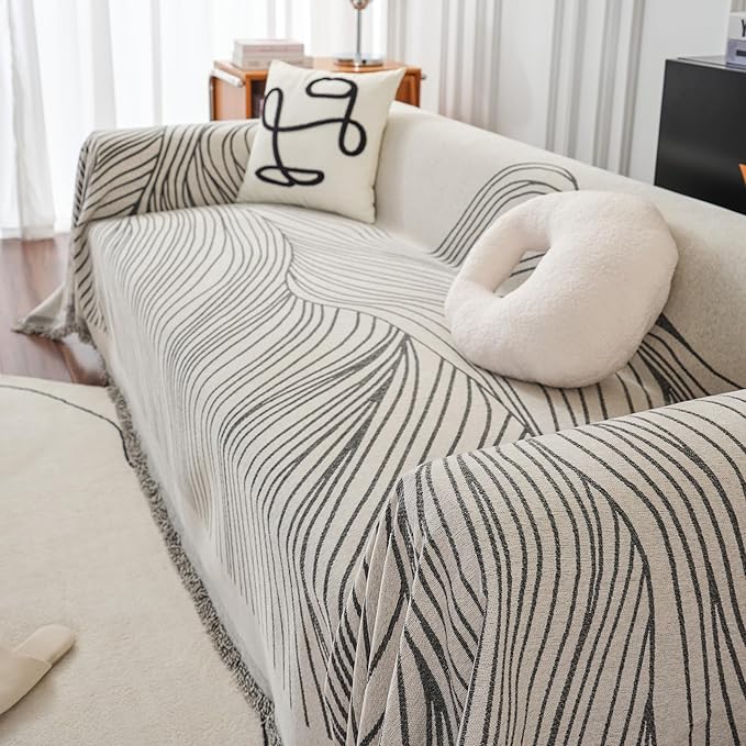VClife Large Sofa Cover Chenille Couch Cover for 2 Cushion Couch Sofa, Modern Beige Gray Striped Couch Covers for Kids Washable Sectional Sofa Protector with Tassel 71"X118"