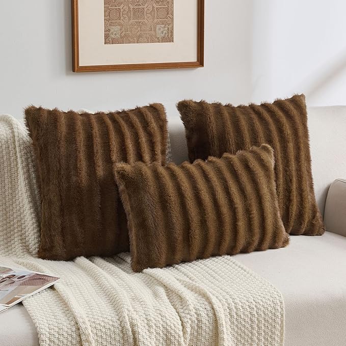 FUTEI Brown Decorative Throw Pillow Covers 20x20 Inch Set of 2,Soft Fluffy Faux Rabbit Fur Dyeing Striped Textured Cushion Case,Modern Home Decor for Couch Bed Living Room