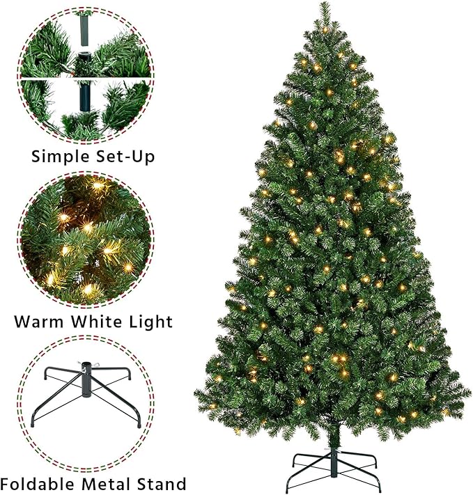 Yaheetech 6Ft Pre-lit Spruce Artificial Hinged Christmas Pine Tree Prelighted Holiday Xmas Tree for Home Party Decoration with 300 Warm White Lights and 818 Branch Tips, Green