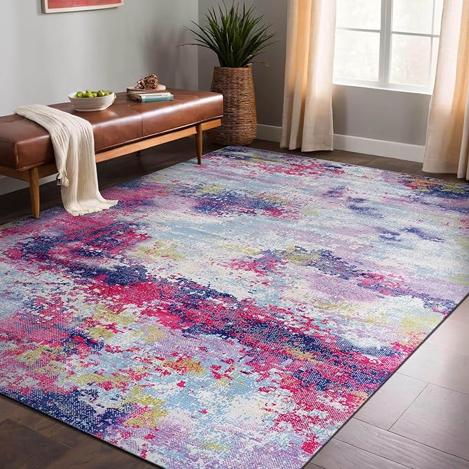 Non Slip Rugs 4x6 Modern Abstract Easy Silk Rubber Backing Soft Area Rug for Living Room Easy to Clean Non Shedding Kitchen for Bedroom Indoor Carpet (Lilac - Purple, 4x6)