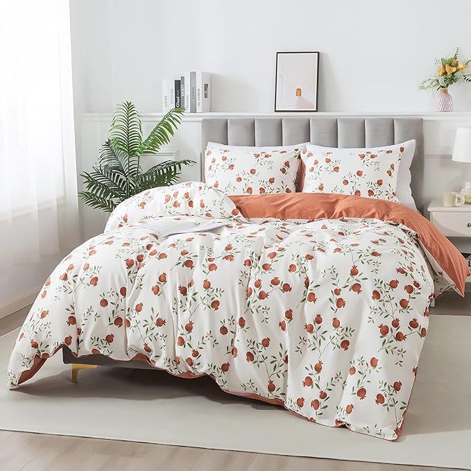 HoneiLife Fruits Duvet Cover Queen - 100% Cotton Comforter Cover 3-PC, Botanical Bedlinen Set with Zipper Closure & Corner Ties, Pomegranate Comforter Cover Sets