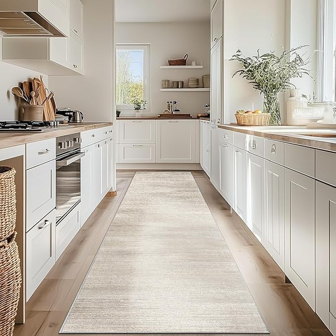 Enkor Runner Rugs for Hallway, 2'7"x10'6" Washable Soft Non Slip Abstract Rugs for Kitchen, Modern Mat for Entryway Living Room Bedroom Beige & Grey
