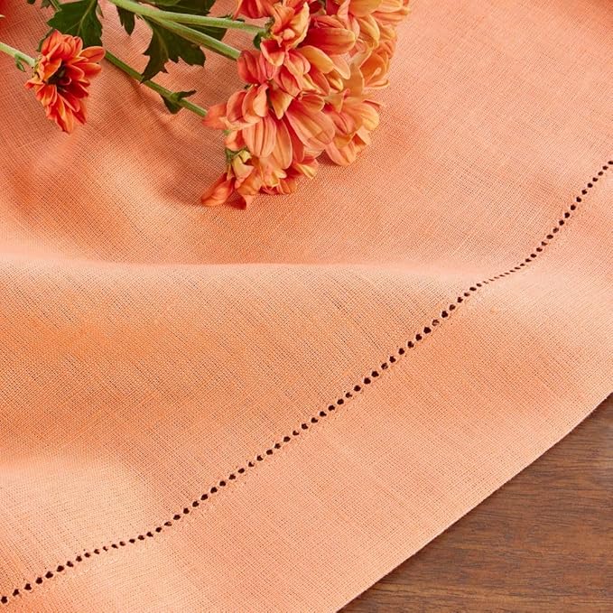 Solino Home Coral Linen Tablecloth 52 x 52 Inch - 100% Pure Linen Square Table Throw - Classic Hemstitch, Machine Washable Table Cloth