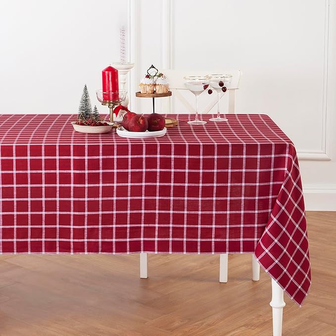 Solino Home Linen Tablecloth 60 x 108 Inch - 100% Pure Linen Windowpane Red Table Cloth for Rectangle Tables - Machine Washable Tablecloth for Christmas, Xmas
