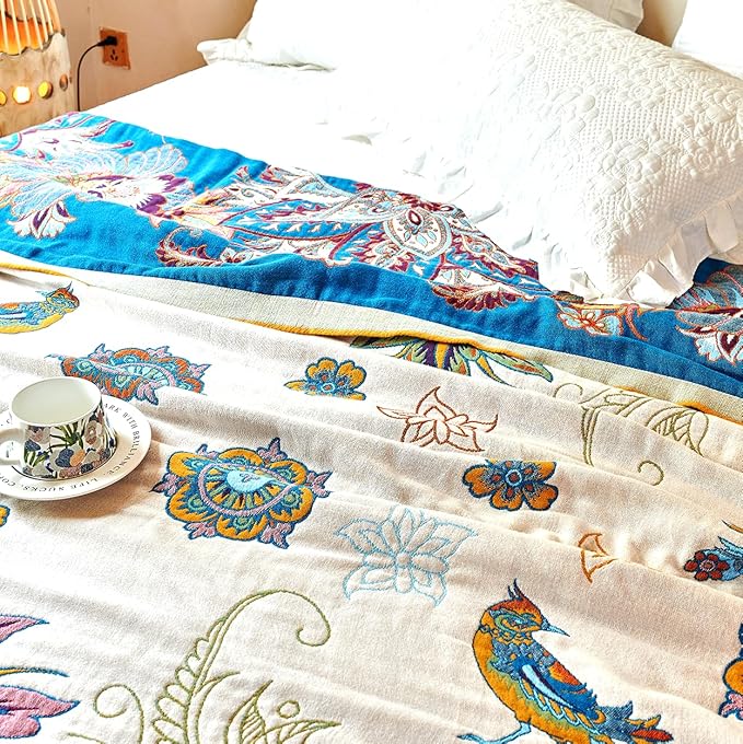 Boho Throw Blanket, 100% Organic Cotton Breathable Skin-Friendly Ultra Soft Bed Quilt Throw - All Season Floral Bird Farmhouse Décor Luxury Blanket for Sofa Couch Chair and Gift. 50" x 60"