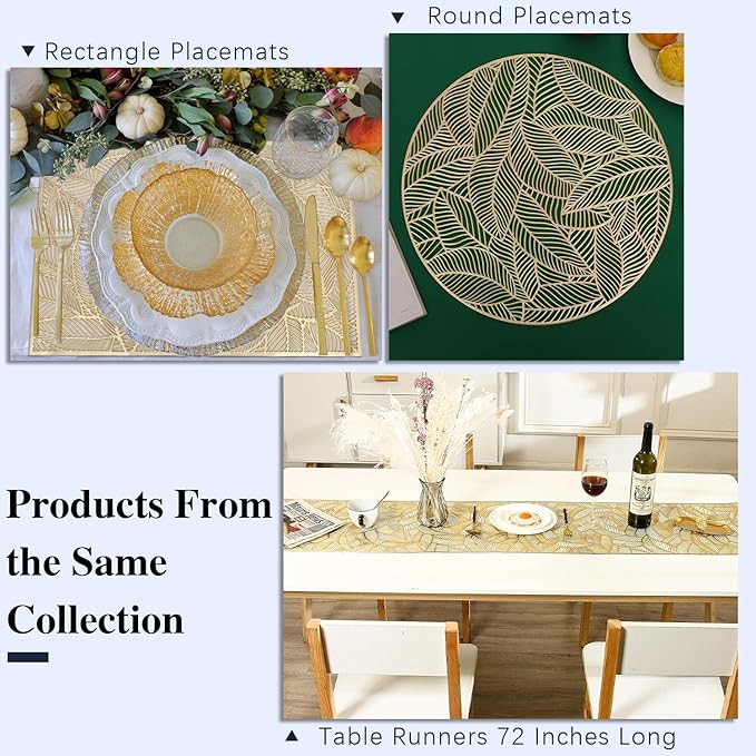 FAVE Gold Metallic Placemats Set of 4 Heat Resistant Vinyl Placemats Wipeable & Washable Table Mats Set of 4 Fall Placemats for Dining Tables Party Holiday Daily Home Decoration(P-Rectangle Leaf)