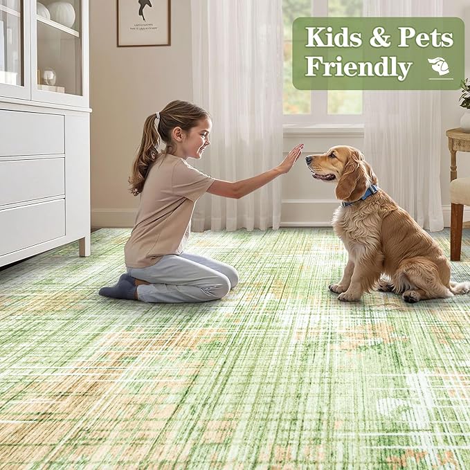 9x12 Area Rugs for Living Room: Washable Modern Abstract Rug Large Soft Non Slip Living Room Rug Indoor Low Pile Carpet for Bedroom Dining Room Home - Multi Green