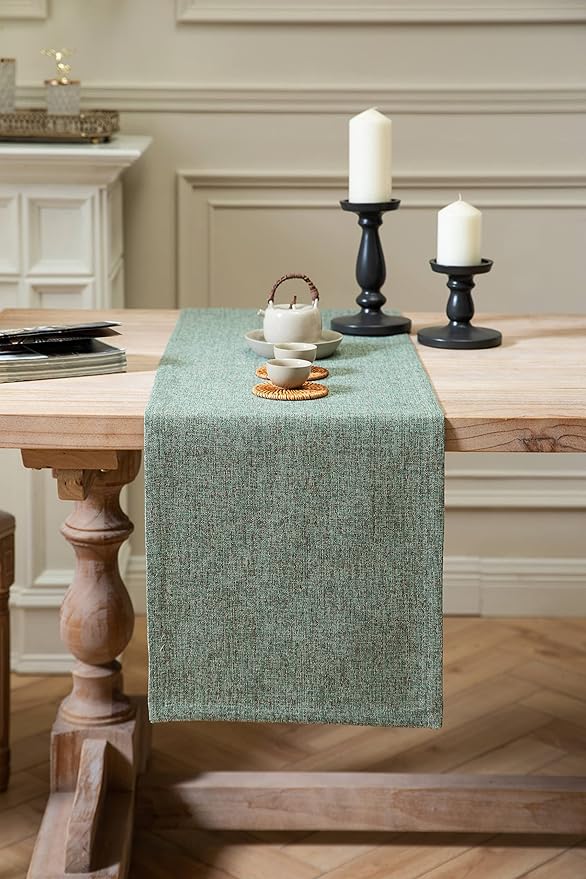 ZeeMart Burlap Style Farmhouse Table Runners 48 Inches Long, Green Rustic Woven Dining Table Runner for Everyday Use, 14x48 Inches, Mineral Green