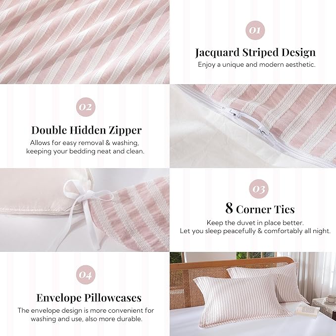 MILDLY Pink Striped Duvet Cover - 100% Washed Cotton Jacquard Boho Textured Comforter Cover 3pcs with Corner Ties Zipper Closure 80"x90"