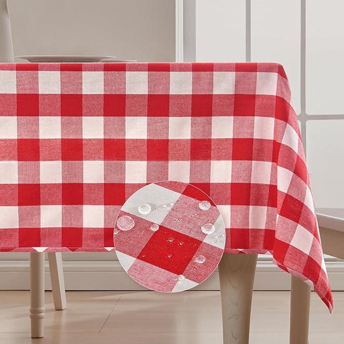 BALCONY & FALCON Gingham Table Cloth Rectangle – Reversible Water-Resistant Cotton Checkered Tablecloth for Outdoor Picnic, Camping, Kitchen, Holiday Party Decor (Red White, 55x71 Inch)