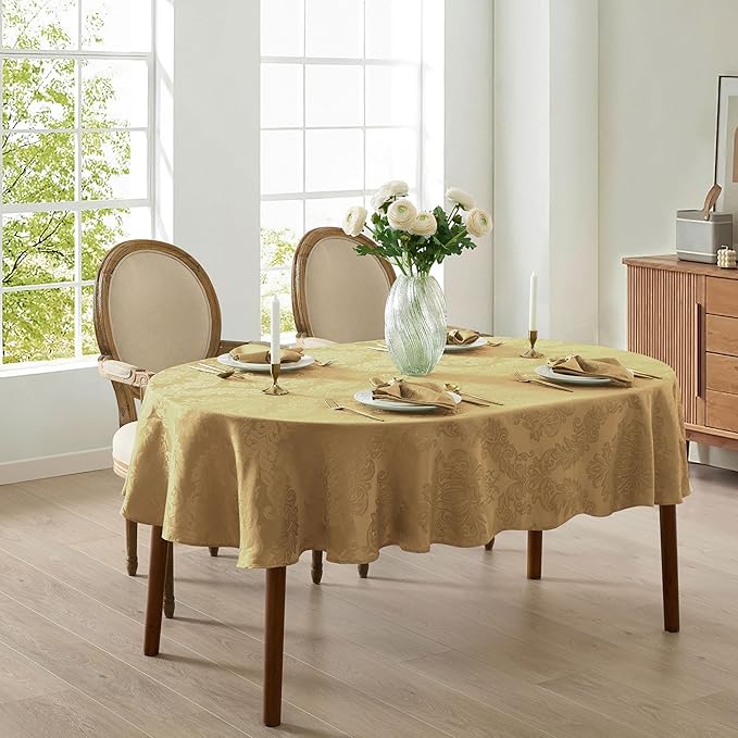 Newbridge Barcelona Damask Fabric Tablecloth, 60 x 84 Inch Oval, Gold – No Iron, Soil Resistant Table Cover for Dining, Parties and Holidays