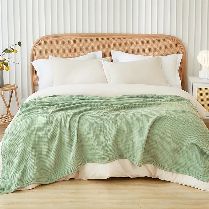 EMME Cotton Blanket Queen Size for Bed Soft Large Muslin Bed Blankets 90"x90" Lightweight Breathable Blanket Bedspread All Season Gauze, Sage Green