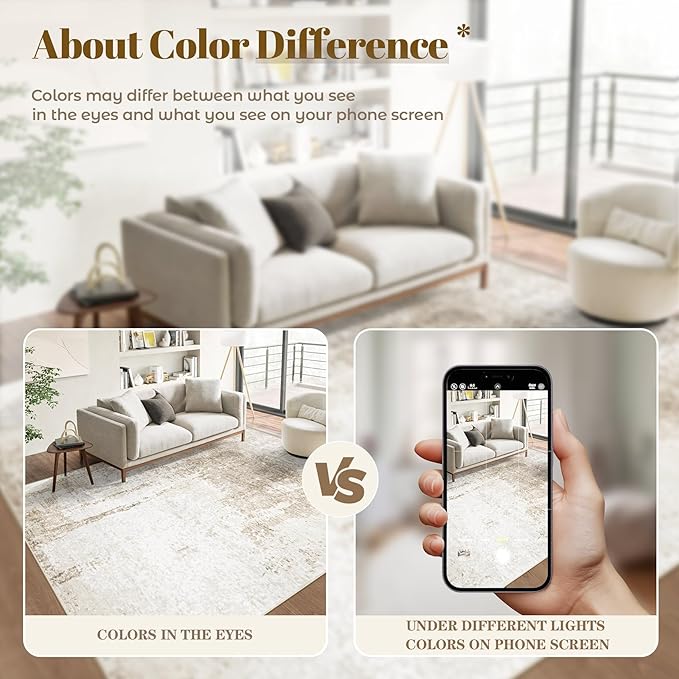 8x10 Area Rugs Washable Rug, Soft Modern Abstract Rugs for Living Room Large Low Pile Thin Rug Non Slip Indoor Neutral Carpet for Bedroom Dining Room Farmhouse Office Kids Playroom Beige