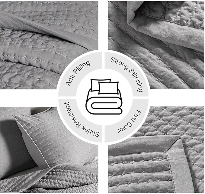 Max Oversized California King Quilt Set – 112"x106" Soft Washed 3-Layer Lightweight Bedspread with Multi-Lock Quilting, Minimalist Nordic Bedding, All-Season Quilt Set (1 Quilt + 2 Pillow Shams) Grey