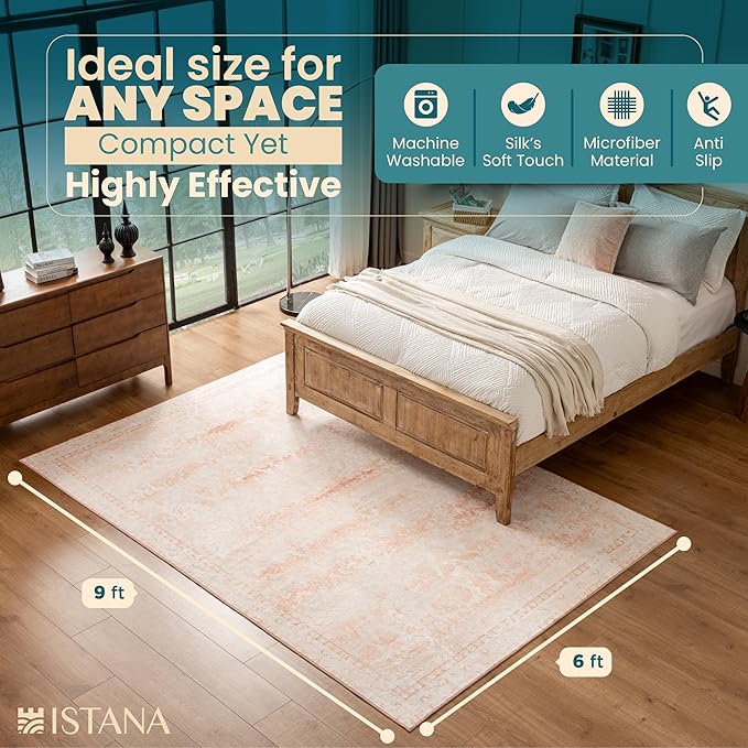 Istana 6x9 Area Rug - Pink Rugs for Living Room 6x9 - Foldable Boho Rugs for Bedroom - Stain Resistant Washable Rug - Eco-Friendly Area Rugs - Easy to Clean Living Room Rug