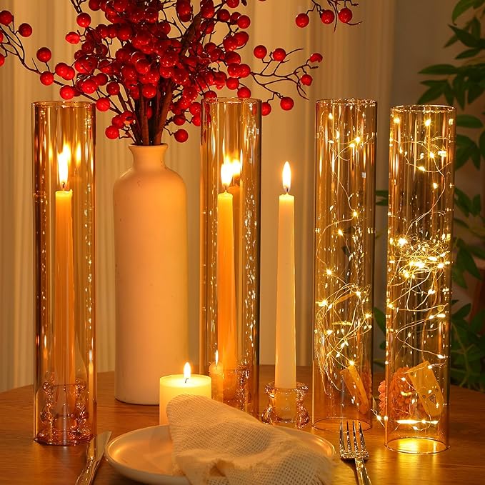 12 Set Christmas Glass Hurricane Candle Holders 12.6" Open Ended Glass Candleholder Tube Shape Bottomless and 2.2" Taper Clear Candlestick Holders for Wedding Party Table Centerpiece (Amber)