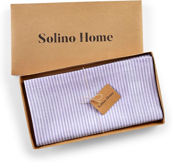 Solino Home Linen Striped Tablecloth 52 x 52 Inch - 100% Pure Linen Lavender and White Square Table Throw - Narrow Stripe, Machine Washable Tablecloth for Fall, Autumn, Thanksgiving, Christmas