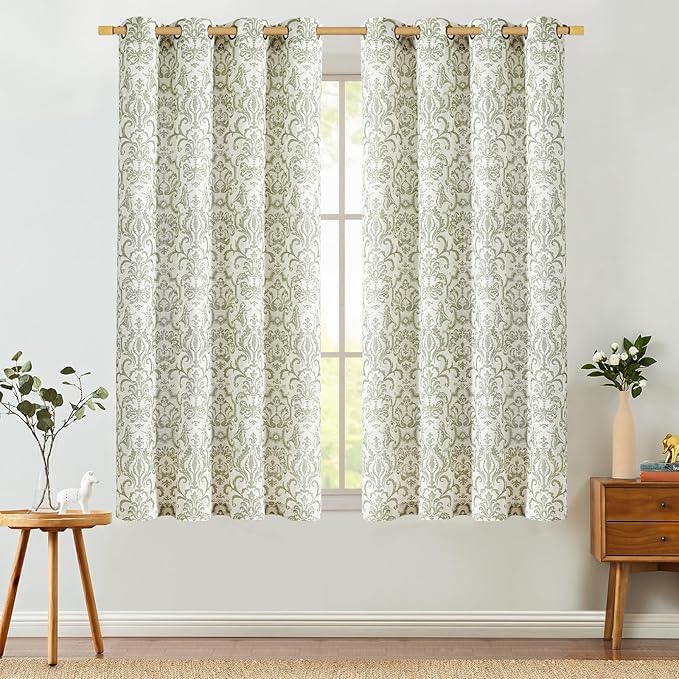 jinchan Curtains for Bedroom, Light Filtering 63 Inch Length 2 Panels Set, Baroque Style Linen Blend Drapes Living Room, Vintage Damask Window Treatments, Grommet Top Sage Green on Flax, W52 X L63