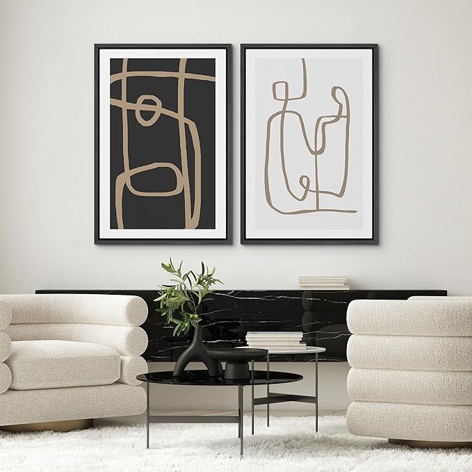 SIGNWIN Framed Canvas Print Wall Art Set Brown Geometric Spiral Pattern Collage Abstract Shapes Illustrations Modern Art Minimal Boho for Living Room, Bedroom, Office - 24"x36"x2 Black