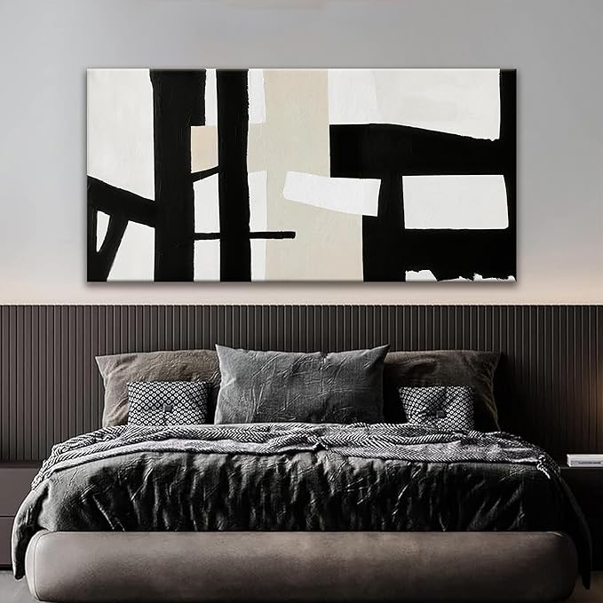 QSQ Large Abstract Wall Art, 29 x 58 Inch, Modern Painting, Black White, Living Room, Office, Bedroom Decor