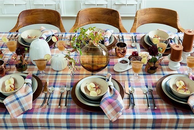 Solino Home Linen Plaid Tablecloth 52 x 52 Inch - 100% Pure Linen Fall Multicolor Square Tablecloth - Thanksgiving, Autumn, Fall Flavors Madras, Machine Washable Table Throw for Holiday