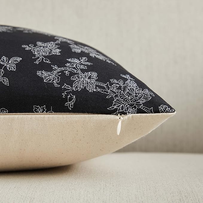 100% Cotton French Pastoral Throw Pillow Covers Set of 2, 24x24 Inch Background/Black Farmhouse Decorative Cushion Covers for Sofa Bed Living Room Home Decor