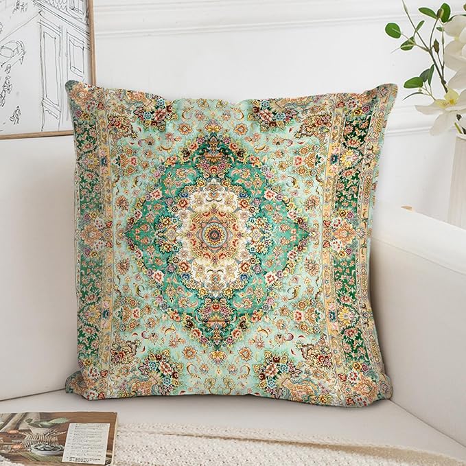 Boho Floral Throw Pillow Covers 16x16 inch Set of 2,Green Boho Rug Geometric Floral Pattern Decor Double Sided Pattern Cushion Cover Soft Pillow Case Living Sofa Room Bed Square Pillow Cover
