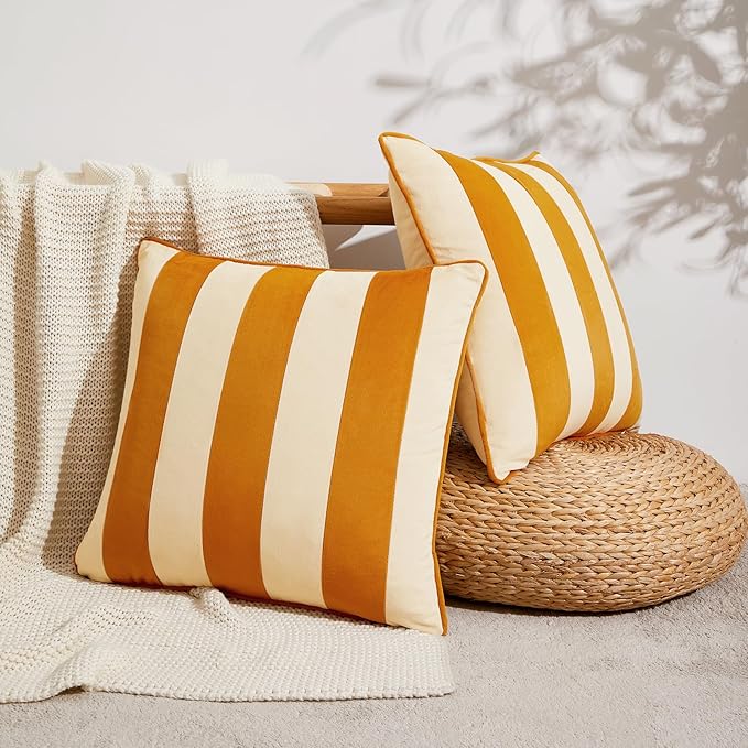MONDAY MOOSE Decorative Throw Pillow Covers Cushion Cases, Set of 2 Soft Velvet Striped Piping Edge Designs, Pillow Inserts Not Included (Honey/Cream, 18x18 inch)