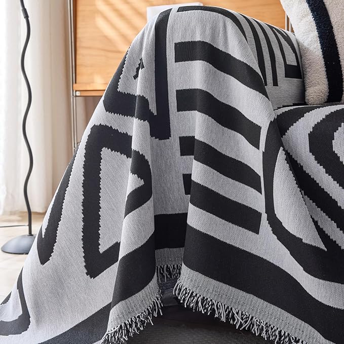 DREAMINGO Boho Couch Cover Washable Chenille Sofa Cover Blanket Light Grey Black Furniture Protector for Sectional 2 Cushion Couch Reversible Geometric Loveseat Slipcover, Large 71"x118"