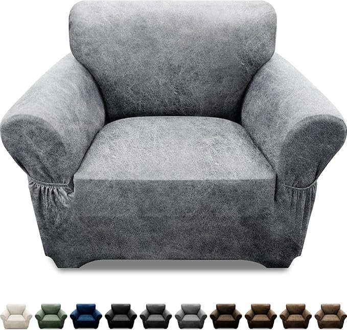 Single Sofa Cover Leather Look Chair Covers for Living Room 1-Piece Sofa Chair Covers with Arms Stretch Furniture Protector with Elastic Bottom & Pockets(Armchair, Light Grey)