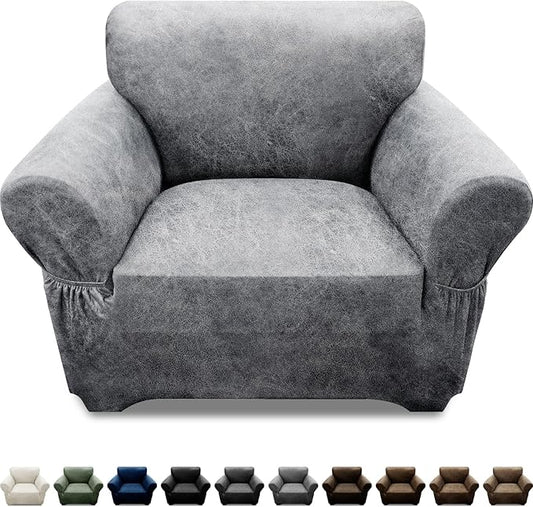 Single Sofa Cover Leather Look Chair Covers for Living Room 1-Piece Sofa Chair Covers with Arms Stretch Furniture Protector with Elastic Bottom & Pockets(Armchair, Light Grey)