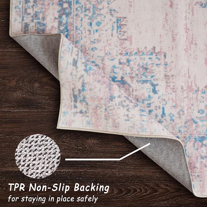 vivorug 9x12 Area Rugs for Living Room, Non Slip Machine Washable Vintage Pink Rug, Ultra-Thin Lightweight Large Area Rug for Bedroom, Dining Room, Low Pile Rug